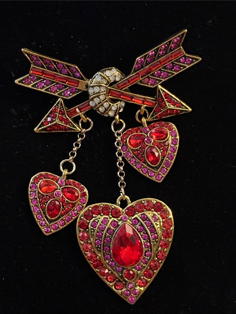 Gold-Tone Red and Pink Heart Dangle Brooch with Arrow Motif